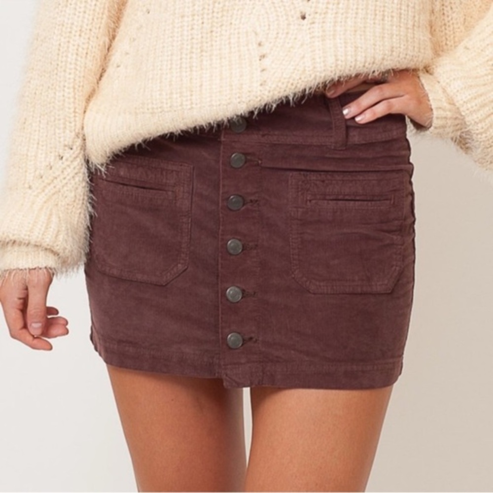 Free People Chocolate Brown Button Front Corduroy Mini Skirt